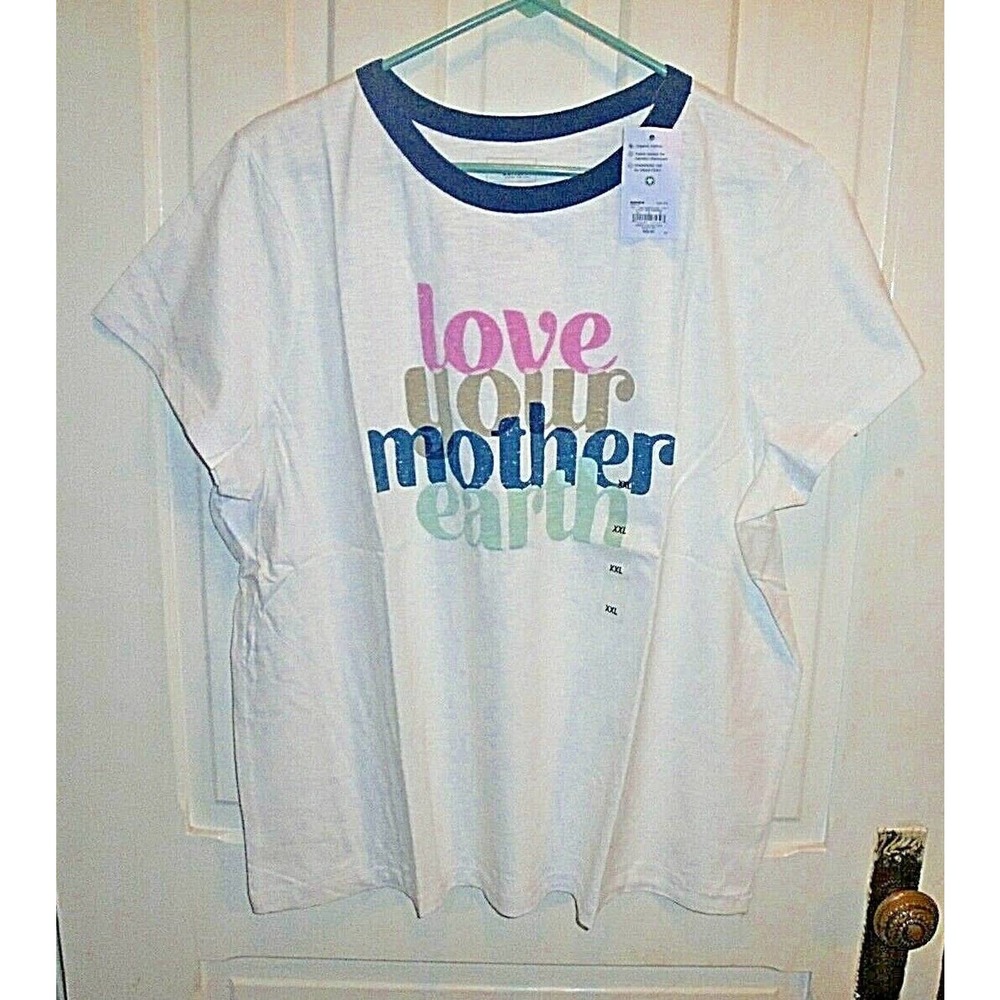 Misses Sonoma Ringer T size XXL White "love your mother earth" Short Sleeve BNWT